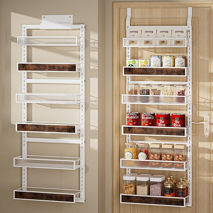 Over The Door Pantry Organizer,6 Tier Hanging Door Spice Rack with Adjustable Wood Basket and Acylic Basket,Metal Heavy Duty Door Storage Shelf for Kitchen Pantry and Bathroom