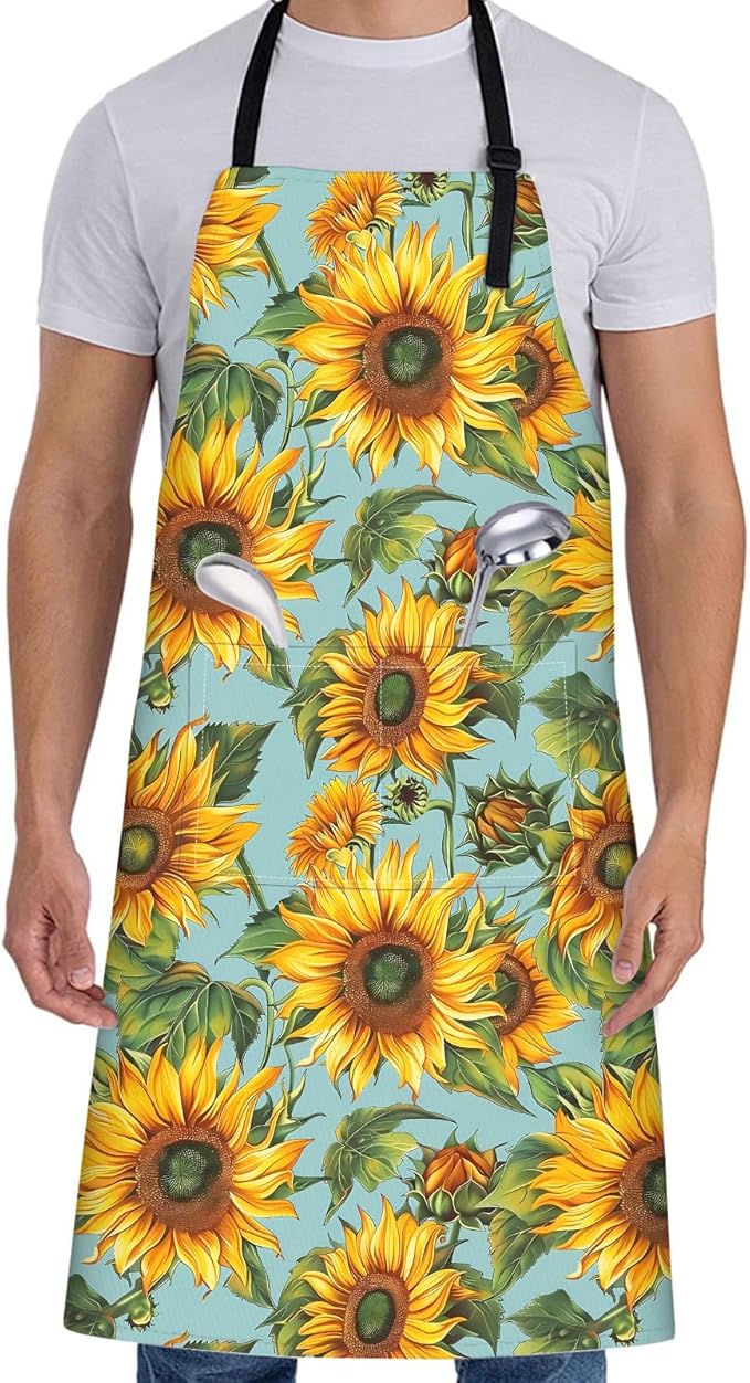 Retro Sunflower Apron for Women with Floral,28x33in,Flower Kitchen Aprons with 2 Pockets, Oxford Fabric,Stylish Adjustable Apron for Cooking Baking Gardening Chef,Gifts for Mom Wife