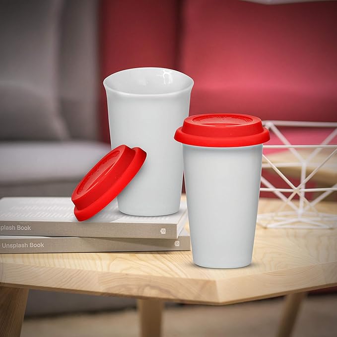 DISCOUNT PROMOS 11 oz. Double Wall Ceramic Tumblers with Lid - 6 Pack - Red