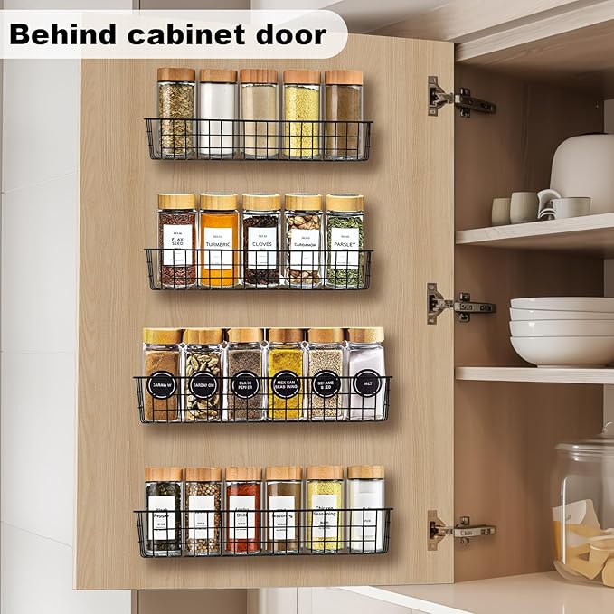 Spice Rack Organizer Wall Mount, 2 Pack Black Seasoning Rack Wire Storage Baskets for Wall or Cabinet Door in Kitchen and RV