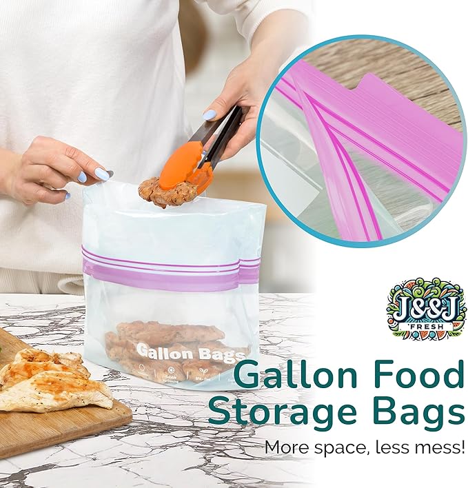 J&&J Fresh Gallon Zipper Bags, 50 Pack — Reusable, BPA-Free, Leakproof — Expandable Bottom, Microwave-Safe, Strong Zipper Lock Seal — For Meat, Veggies, Soup, Freezer & Fridge — Durable & Washable