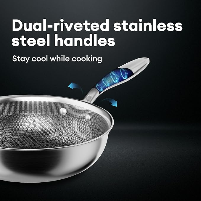 COOKER KING 12-Inch Wok with Lid, Hybird Nonstick Wok Professional Grade, Stainless Steel Woks & Stir-Fry Pans, Stay-Cool Handle, Dishwasher & Oven-Safe,Compatible with All Cooktops