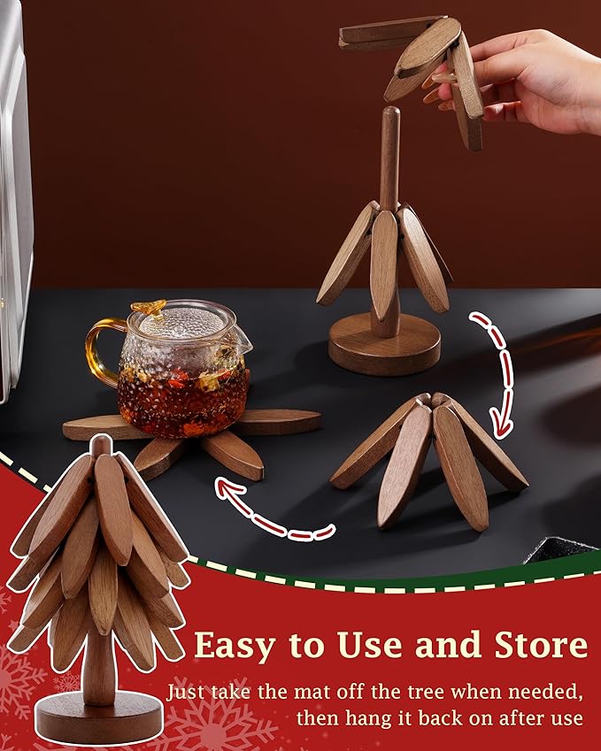 Wooden Trivets Tree for Hot Dishes, Set of 4 Wood Coaster for Hot Pots and Pans, Christmas Kitchen Decor for Family Members, 8 in Tree Shaped Wooden Pot Holders with Stand, 4PCS Dark Walunt