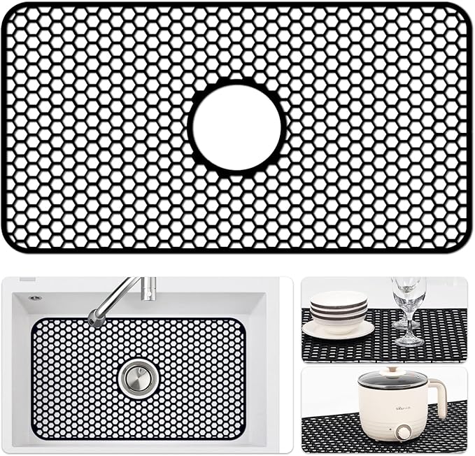 Silicone Sink Mat - 24.8''x13'' Sink Protector for Kitchen Sink with Center Drain - Kitchen Grid Accessory, Non-slip Heat Resistant Mat for Bottom of Farmhouse Stainless Steel (Center Hole)