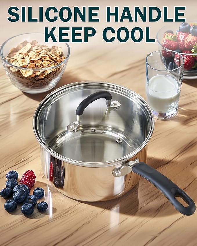 Cook N Home Saucepan Sauce Pot with Lid 2 Quart Stainless Steel , Stay Cool Handle, silver