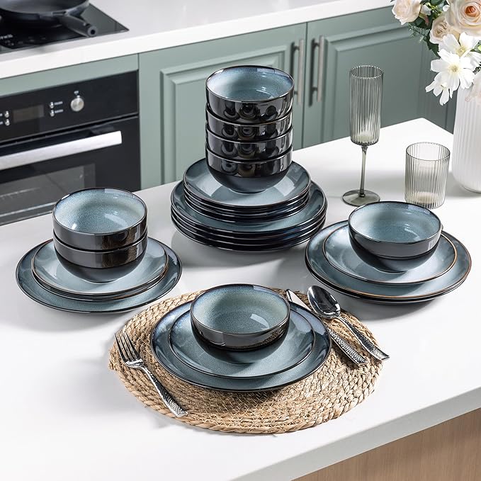 LERATIO Ceramic Dinnerware Sets for 8,Stoneware Plates and Bowls Sets,Handmade Reactive Glaze Dishes Set,Chip Resistant and Scratch Resistant | Oven&Dishwasher & Microwave Safe-Gray White (24PCS)