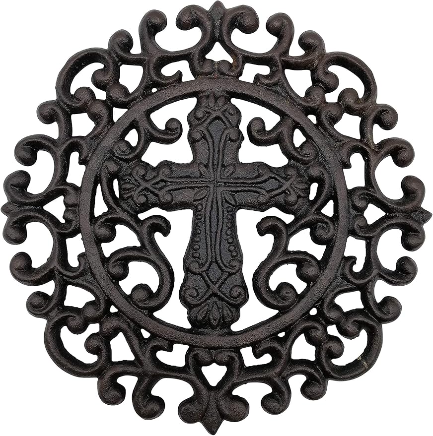 Comfy Hour Antique and Vintage Collection Cast Iron Round Cross Trivet 9" D Black