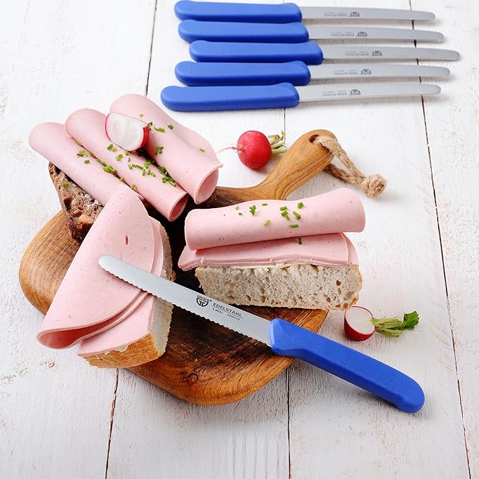 GRÄWE table knife 6 pieces, set for cutting, pack of 6 bread knives, for breakfast with serrated edge on one side, length 8.3 inch - handle color blue
