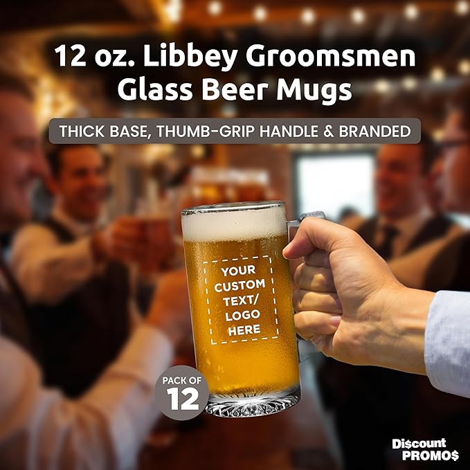 12 Libbey Beer Mugs Set, 12 oz. - Customizable Text, Logo - Groomsmen Glassware - Clear