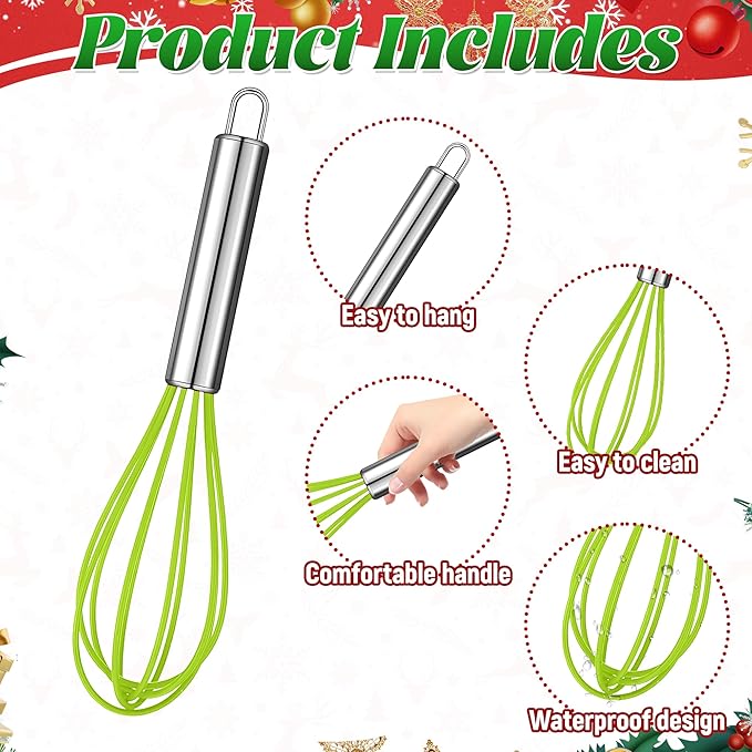 12 Sets 10 Inch Christmas Whisk Baking Gifts, DIY Fillable Christmas Tree Ornaments, Xmas Colored Silicone Whisks for Xmas Employee Neighbor Cooking Supplies Xmas Stocking Stuffers Candy Holder