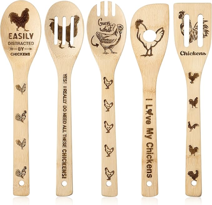 Eartim Wooden Cooking Spoon Utensil - 5Pcs Father's Day Chicken Rooster Kitchen Cooking Utensil Non-Stick Carve Burned Bamboo Spoon Set Slotted Spatula Cookware Kitchen Gadget Dad's Papa Birthday Gift