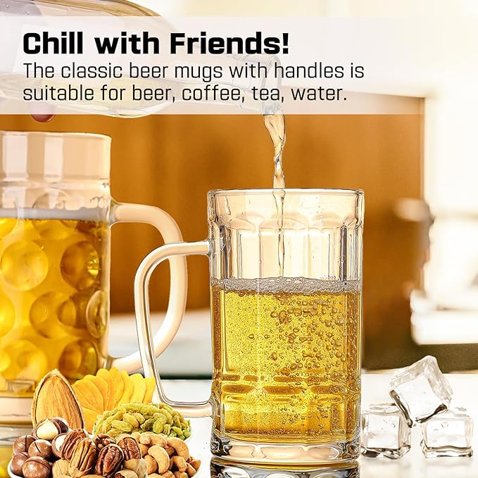 20oz Large Heavy e Glass Beer Mugs for Freezer Set of 4 with Handle, Large Glass Beer Stein, Beer Cup Mug for Water, Drinks, Lead-Free Glasses for Men in Pub, Home