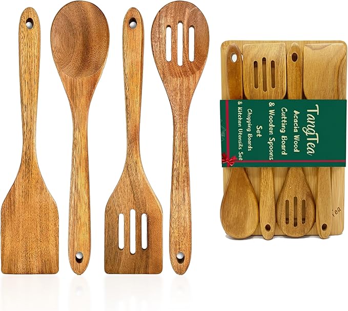 Acacia Wooden Cooking Spoons with Bamboo Cutting Board Set – 4 PCS Acacia Wood Kitchen Utensils, Spatula Spoon for Nonstick Cookware, Gift for Housewarming Wedding
