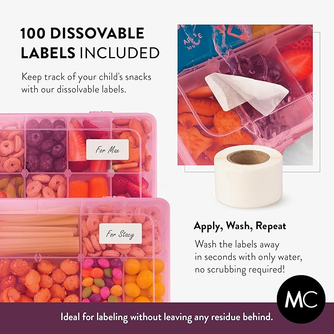 Large Kids Snack Box Containers Set of 2 -100 Labels, BPA-Free, Adjustable Compartments, Dishwasher Safe, Reusable Tray, Food Grade, Meal Prep Container, PARENT TESTED PARENT APPROVED AWARD (Pink)