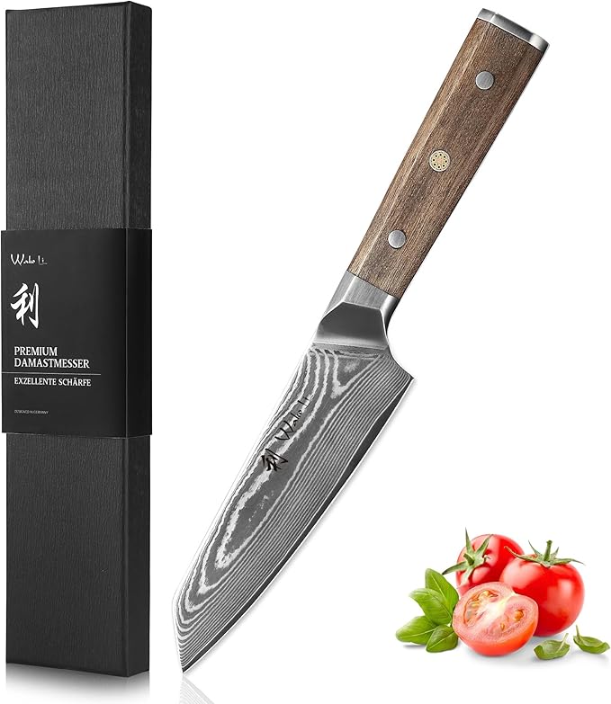 WakoliCDamascus Kiritsuke Knife – Full Tang Chef Knife | 6-Inch Blade Made of 67-Layer Damascus Steel with VG10 Core | Walnut Wood Handle | Sharp, Durable, Gift Box Included