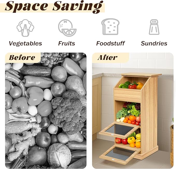 Potato Storage Bin, 3-Tier Potato and Onion Storage Bin with Lid, Wooden Bread Box for Fruit and Vegetable,Food Storage Containers for Kitchen Pantry (Oak)