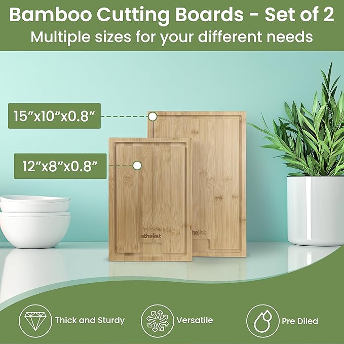 Premium Bamboo Wood Cutting Board Set - Kitchen Appliances for Home Cooks, Ideal Stocking Stuffers & Christmas Gifts, 3-Piece Knife-Friendly Boards with Juice Grooves