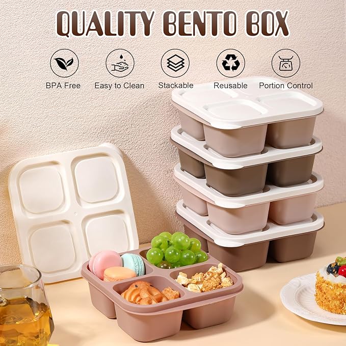 Honeydak 5 Pack Snack Containers 4 Compartment Bento Snack Boxes Reusable Lunchable Containers with Lids Divided Meal Prep Lunch Food Storage Box for School Work Travel(Cream Brown,Equal)