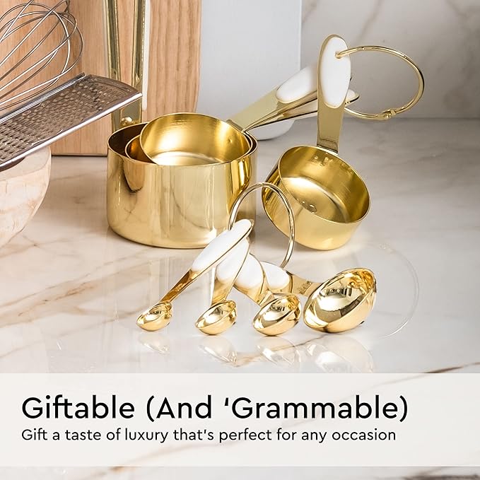 White and Gold Measuring Cups and Spoons Set – 8-Piece Stackable Stainless Steel Measuring Set – Stylish Gold Kitchen Accessories for Precise Baking and Cooking, Ideal Gift for Bakers and Chefs