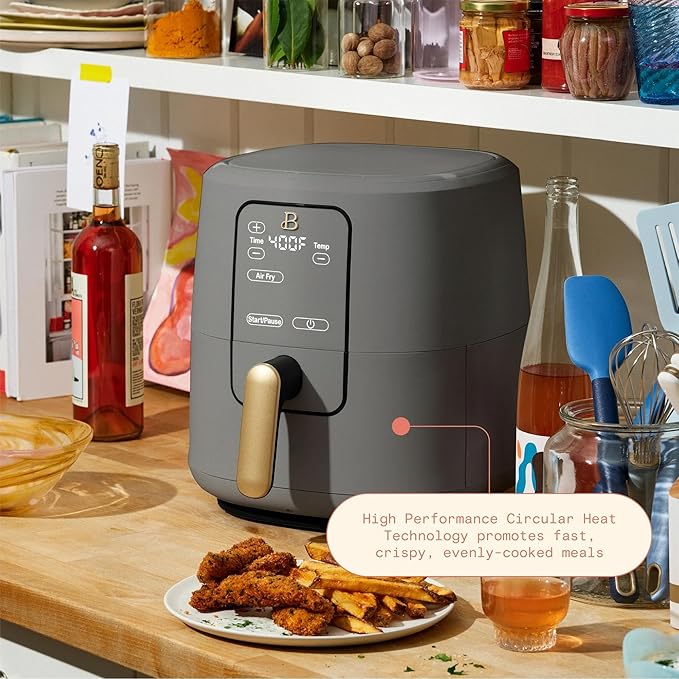 Beautiful 6 Qt Air Fryer with TurboCrisp Technology, EverGood Ceramic Nonstick Coating - Roast, Reheat and dehydrator, kitchen appliances by Drew Barrymore (Oyster Grey)
