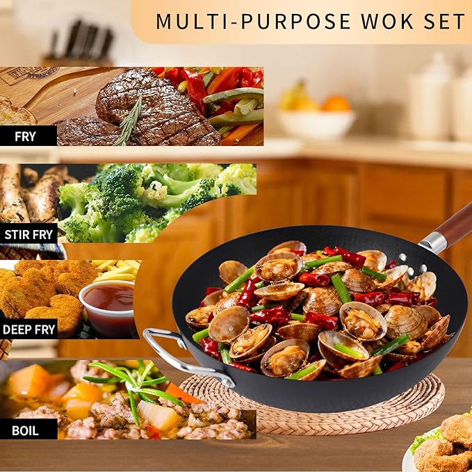 13.5" Carbon Steel Wok Pan with Wooden Lid Standable,Pre-Seasoned Flat Bottom Woks & Stir-fry Pans Chinese Cookware Compatible with Induction, Gas Pan-fry,Stir Fry, Steam, BBQ & Camping