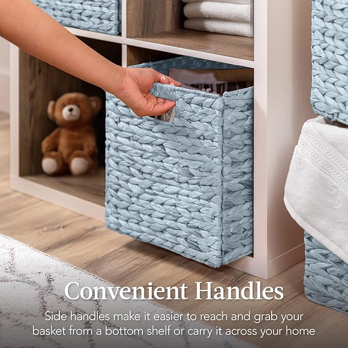 Best Choice Products 10.5x10.5in Pack of 5 Cube Storage Baskets, Water Hyacinth Multipurpose Collapsible Organizers, Handwoven Toy Storage Totes for Kids Room, Nursery & Living Room - Blue