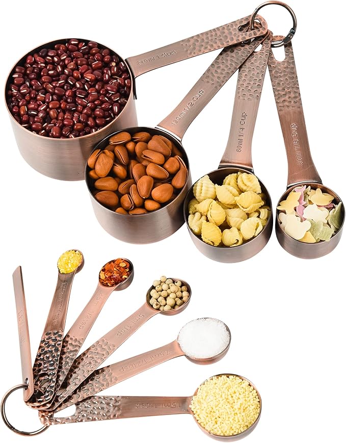 Copper Measuring Cups and Spoons Set, Stainless Steel Measuring Tools Set for Baking & Kitchen, Metric & US 4 Copper Plated Measure Cups and 5 Measure Spoons with Leveler for Wet & Dry