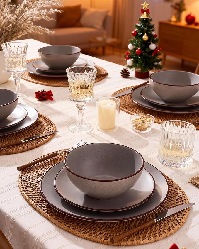 Famiware Venus Plates and Bowls Sets, 18 Pieces Stoneware Dinnerware Sets, Speckled Dishes Set for 6, Microwave and Dishwasher Safe, Matte Dark Grey