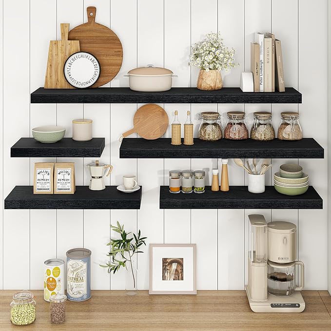 Fun Memories 32Inch Floating Shelves, 9.3Inch Deep Rustic Wall Shelves - Extra Deeper & Thicker Wall Mounted Storage Shelf for Kitchen, Farmhouse - Set of 2 - Rustic Black