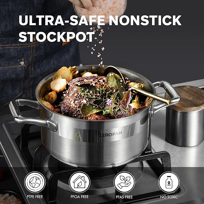 Hybrid Nonstick 3-Quart Stockpot,8 Inch Stainless Steel Stockpot with Lid,Non-stick Soup Pot,PFAS PFOA PTFE Free,Dishwasher-Friendly, Oven-Safe Up to 600°F,Compatible with All Cooktops