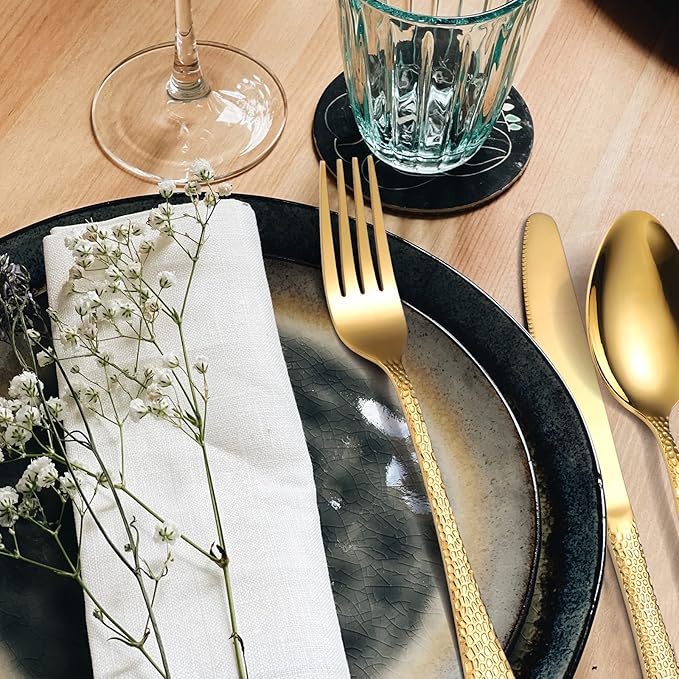 Hammered Silverware Set Gold Flatware Stainles Steel 40 Piece Vintage Eating Utensils Service 8 People include Forks Spoons Knives For Home Kitchen Restaurant Parties