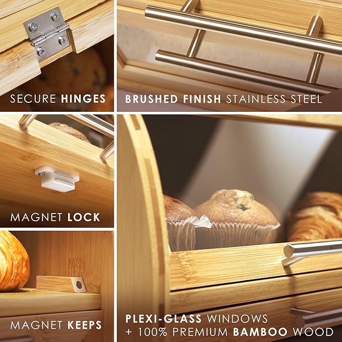 Arise Stylish Bamboo Bread Box for Kitchen Countertop, Extra Large 2-Shelf Wooden Bread Storage Container with Clear Windows and Air Vents Keep Bread, Bagels and Rolls Fresh, Self Assembly