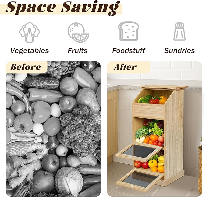 Potato Storage Bin, 3-Tier Potato and Onion Storage Bin with Lid, Wooden Bread Box for Fruit and Vegetable,Food Storage Containers for Kitchen Pantry (White Oak)