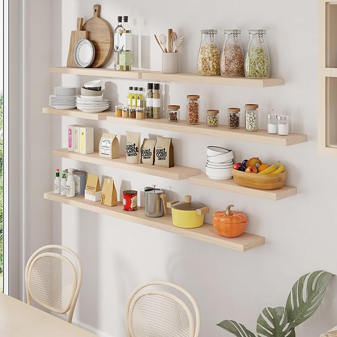 Fun Memories Floating Shelves 72 Inches Long - 8 Inch Deep Rustic Solid Pine Wood for Storage - Farmhouse Wall Mounted for Living Room - Heavy-Duty Metal Bracket - 72" W x 8" D - Natural Unfinished
