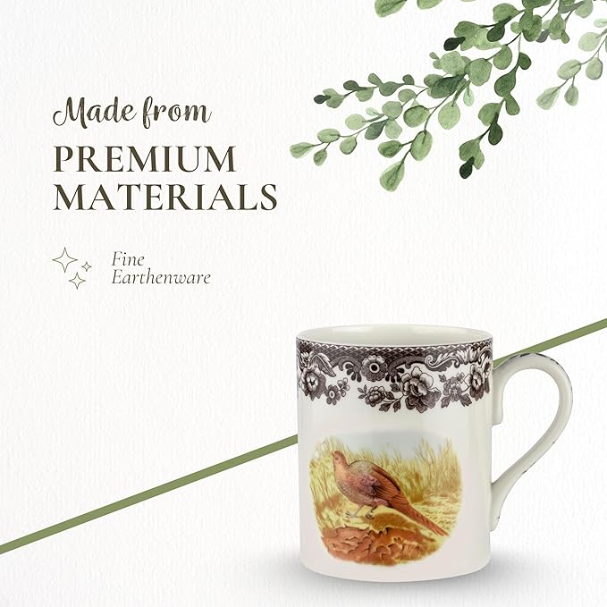 Spode Woodland Pheasant 16 oz Mug - Fine Porcelain Rustic Drinkware with Historic Brown Floral Border, Microwave, Oven, Freezer & Dishwasher Safe - British Country Style for Fall and Thanksgiving Use