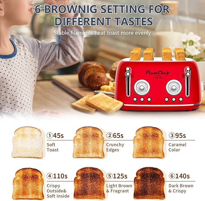 4 Slice Retro Style Toaster, Dual Control Toaster with Warming Rack, 6 Browning Settings, Bagel/Defrost Functions, Removable Crumb Tray, Stainless Steel Housing 1650W, Red