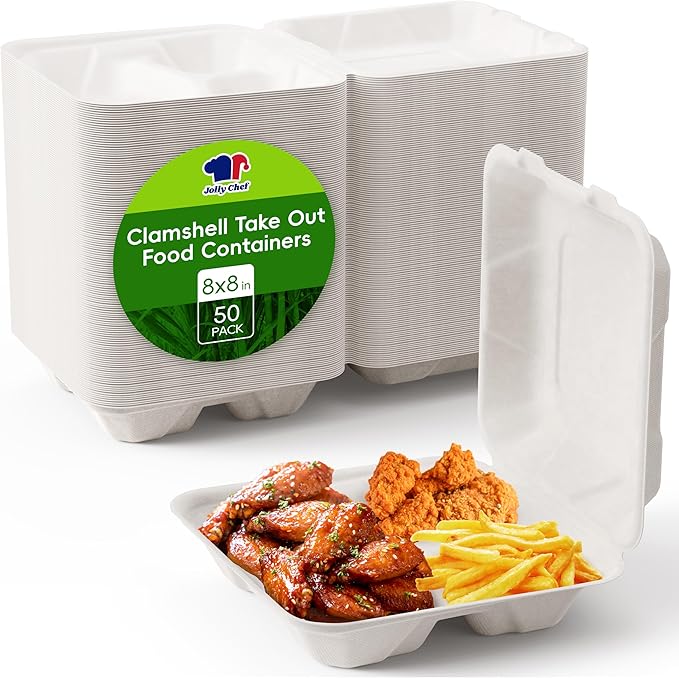 JOLLY CHEF Clamshell Take Out Food Containers, [8 * 8" 50-Pack] 3-Compartment To Go Containers Disposable, Sugarcane To Go Boxes for Salad,Lunch