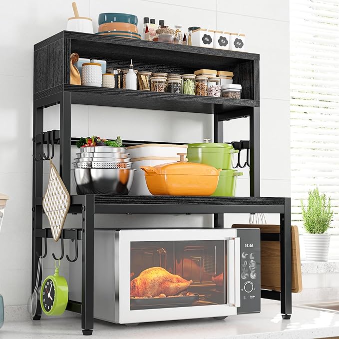 EnHomee Microwave Stand, 4-Tier with 9 Hooks for Kitchen Countertop Organizer, 205LBS Microwave Shelf, Adjustable Kitchen Shelves Microwave Stand with Storage and Microwave Oven Rack (Black)