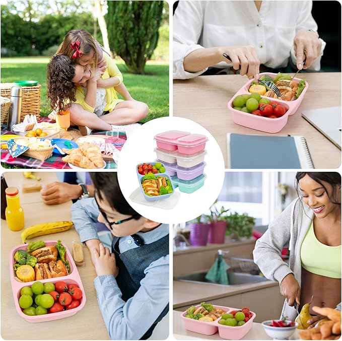 Bento Lunch Box 2 Compartment Lunch Containers, Reusable Kids Lunch Box Containers with Lids, Stackable Food Containers for Lunch, Microwave & Dishwasher Safe for Travel Work & School(5 Pack)