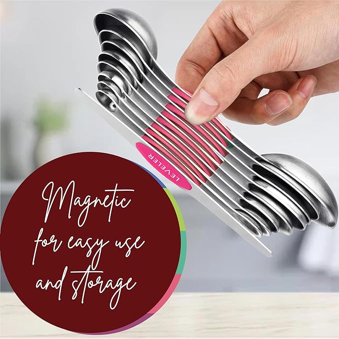 Magnetic Measuring Spoons Set of 9 Stainless Steel Dual-Sided Stackable Measuring Spoon Nesting Teaspoons Measuring Dry and Liquid Ingredients, Fits in Spice Jars Set of 9 (Pink)