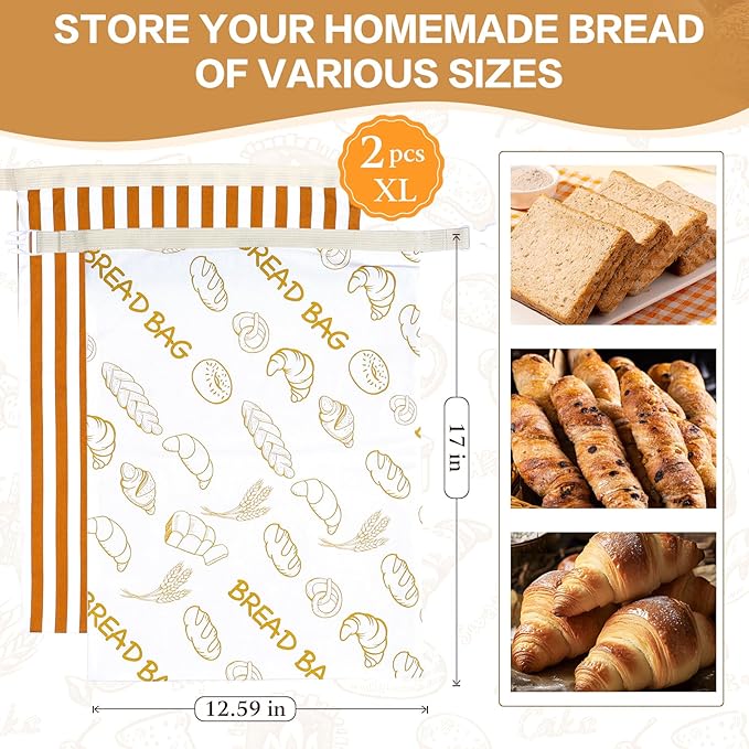 2 Pack Beeswax Bread Bag Reusable Bag for Sourdough, Extra Large Bread Bags for Homemade Bread, Cotton Bread Storage Bag for Keep Fresh