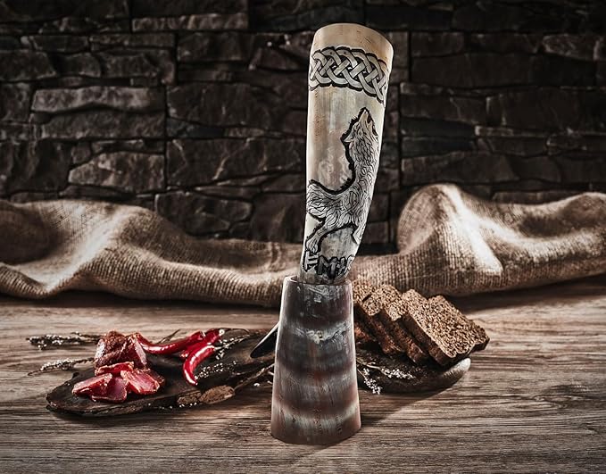 Norse Tradesman Genuine 12" Ox-Horn Viking Drinking Horn with Exquisite Hand Engraved Wolf & Celtic Knot, Black Leather Belt Holster, Fitted Stand & Burlap Gift Sack Included - Wolfsbane, 12-In