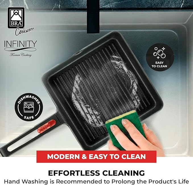 BRA COOKWARE Infinity Nonstick Ribbed Grill Pan (11x11 Inch) | Cast Aluminum Searing Skillet | PFOA/PFAS Free Square Griddle | All Cooktops (incl Induction) Grilling Skillet | Removable Handle
