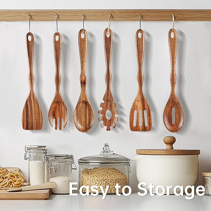 KARRYOUNG Acacia Wooden Spoons for Cooking – 6-Piece Wooden Kitchen Utensil Set with Spatula, Slotted Spoon & Pasta Fork