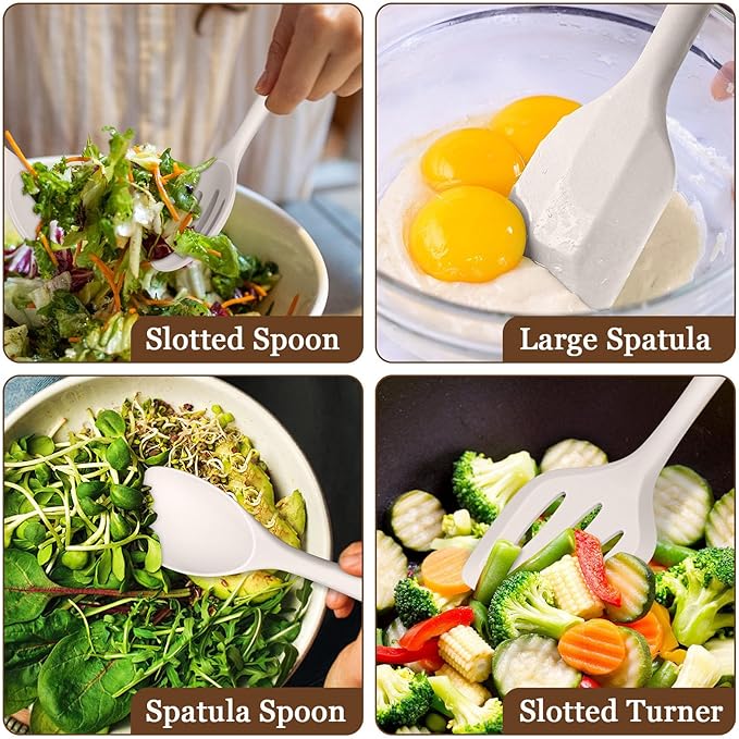 LIANYU 8Pcs Kitchen Cooking Utensils Set, Silicone Cooking Utensil Set, Heat Resistant Kitchen Tools for Nonstick Cookware, Includes Silicone Spatula, Spoon, Ladle, Turner, Dishwasher Safe, Khaki