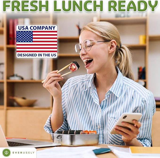 Everusely - Bento Box - Stainless Steel Lunch Box for Adults - 47 oz, 1.4 L - 5 Compartment Snack Container with Removable Silicone Seal + Secure Lock Clips - Non Plastic, Leakproof, Dishwasher Safe