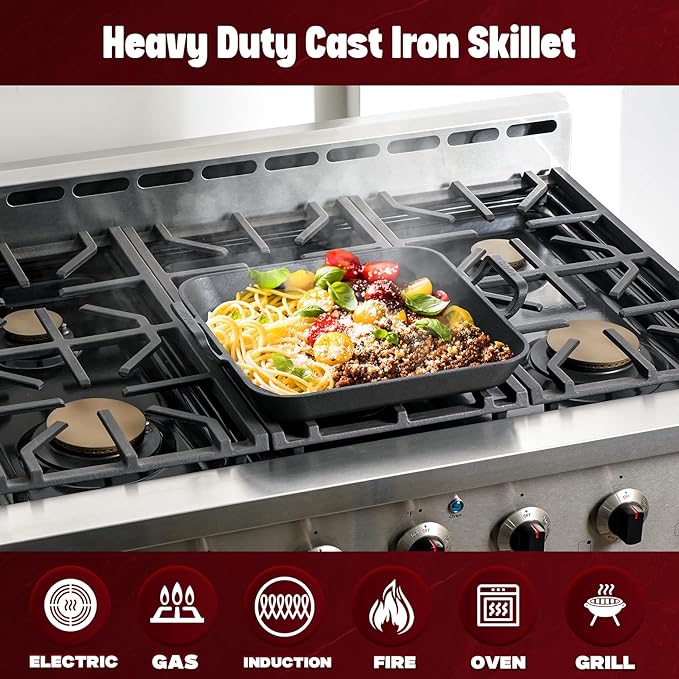 Onlyfire Pre-Seasoned Cast Iron Skillet, 12 Inch Square Steak Pan Frying Pan with Nonstick Perforated Grill Surface and Dual Handles, Cast Iron Grill Pan for Grills, Oven and All Stovetops