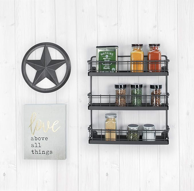 Spectrum Diversified Storage for Kitchen, Pantry, Cabinet, Industrial Gray Spectrum Vintage Wall-Mount 3-Tier Spice Rack, Large