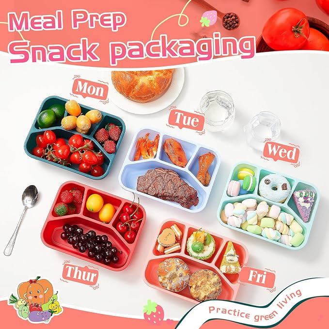 Honeydak 5 Pack Snack Containers 4 Compartment Bento Snack Boxes Reusable Lunchable Containers with Lids Divided Meal Prep Lunch Food Storage Box for School Work Travel(Melon,Mixed)
