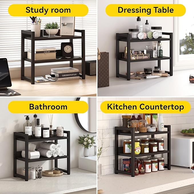 Kitchen Countertop Shelf Organizer, 3 Tier Large Kitchen Storage Spice Rack Cabinet Organizer with Metal Leg for Countertop Pantry, Coffee Bar Organizer, Bathroom Countertop Organizer, Black